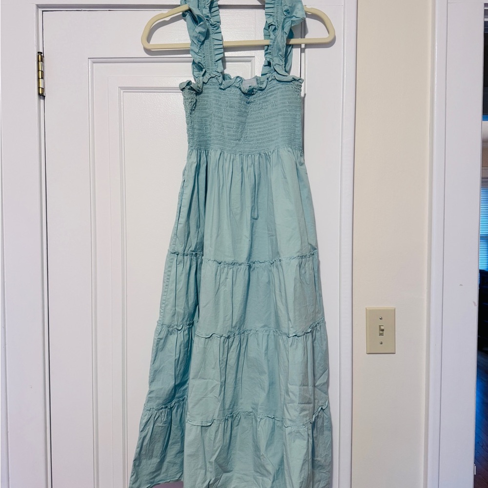 Hill House Aqua Teal Ruffle-Strap Tiered Midi Dress - Picture 2 of 4